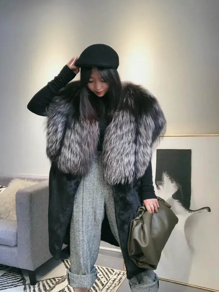 Kadınlar kürk sahte kış lüks orijinal deri ceket kadın rex tavşan kazak doğal gümüş yakalı kalınlaşmış sıcak moda trend 231124