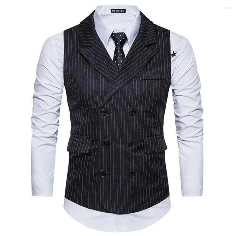 Mannen Vesten Pak Vest Gestreepte Double Breasted Slim Fit Heren Jurk Man Elegante Pakken Voor Mannen Mannelijke Formele Gilet up