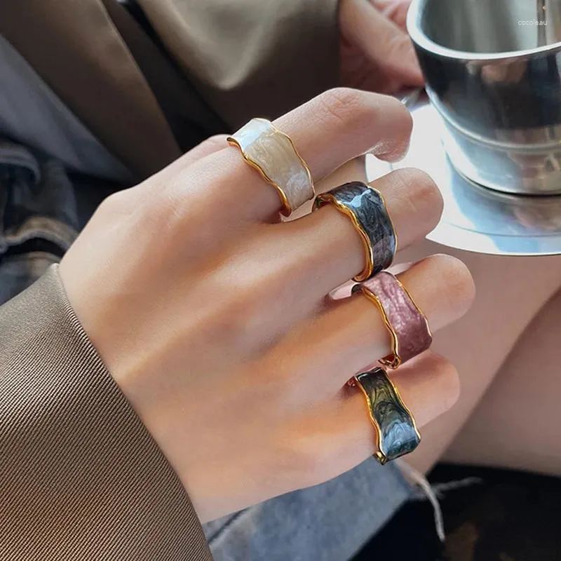 Anéis de cluster Jwer elegante vintage onda esmalte gotejamento esmalte para mulheres coreano artesanal graffiti aberto anel bohemia jóias presentes de viagem