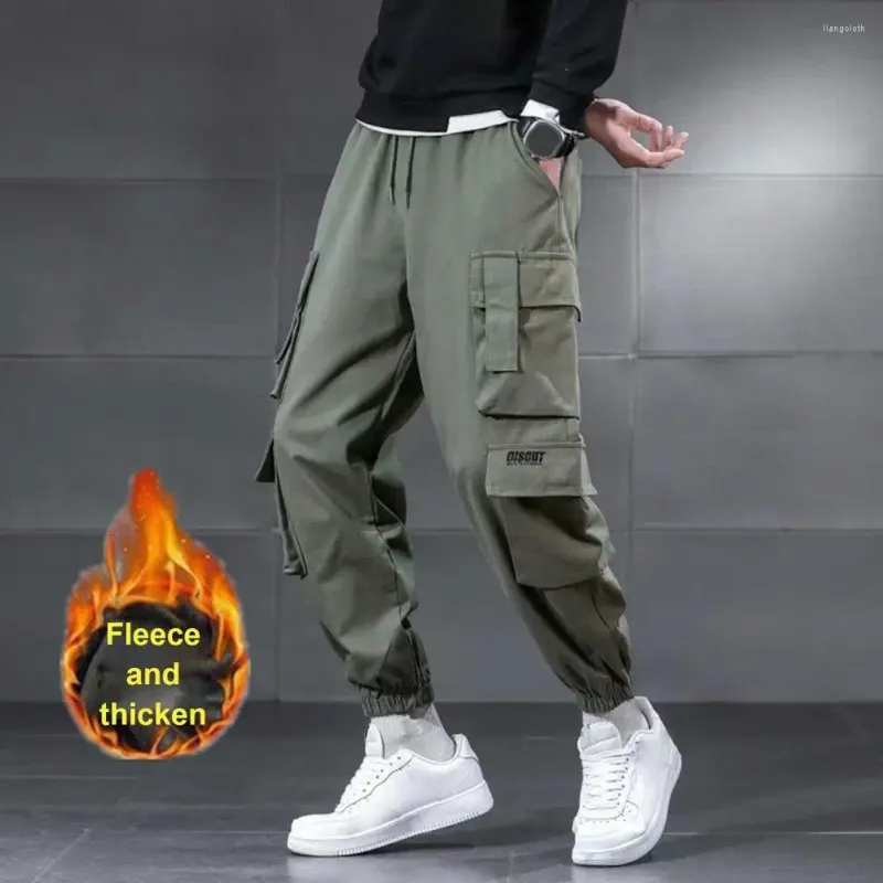 Men's Pants Men Winter Cargo Elastic Waist Drawstring Multi Pockets Jogger Trousers Solid Color Thick Fleece Lining Outdoor