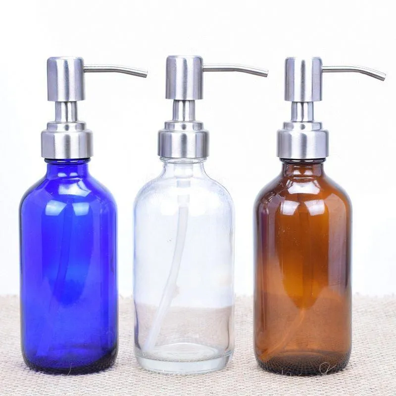 Bouteilles à pompe Boston vides en verre de 8 onces, avec distributeur à pompe en acier inoxydable pour huile essentielle, savon liquide, Lotion Dlort