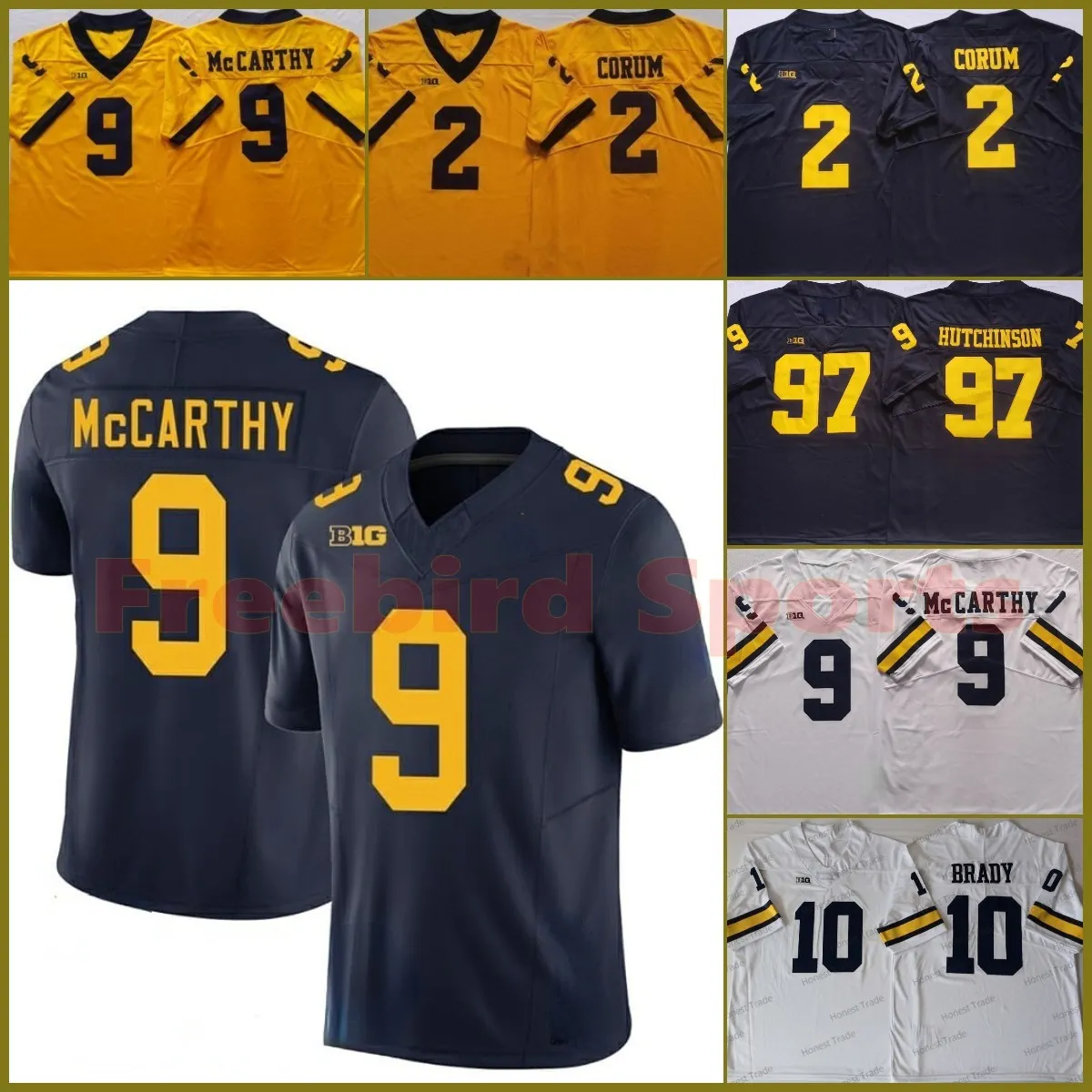 Michigan Wolverines 97 Aidan Hutchinson Blue College voetbalshirt Blake Corum Tom Brady J.J. Mccarthy Donovan Edwards gestikte heren korte mouwen buiten