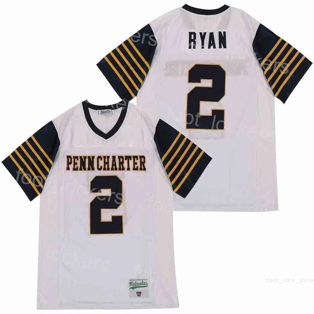 2 Matt Ryan High School Jerseys 축구 William Penn Charter College 통기 가능한 순수면 모브 풀오버 스포츠 자수 및 재봉 힙합 팀 화이트 유니폼