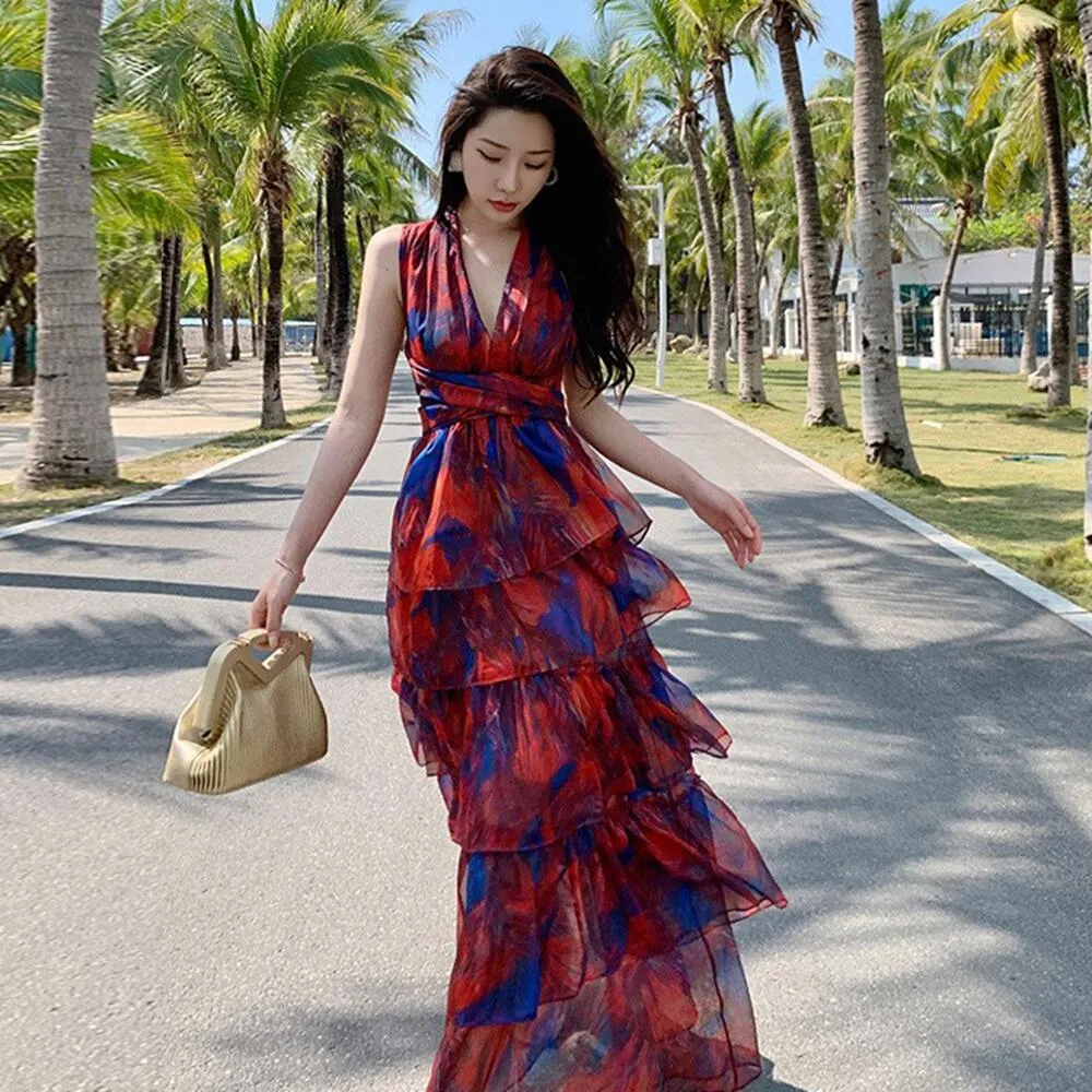 Casual Dresses Summer Women's Midi Beach Floral Dresses Fashion Print Sexig backless Vneck Elegant Temperament Ladies Korea klänning 230425