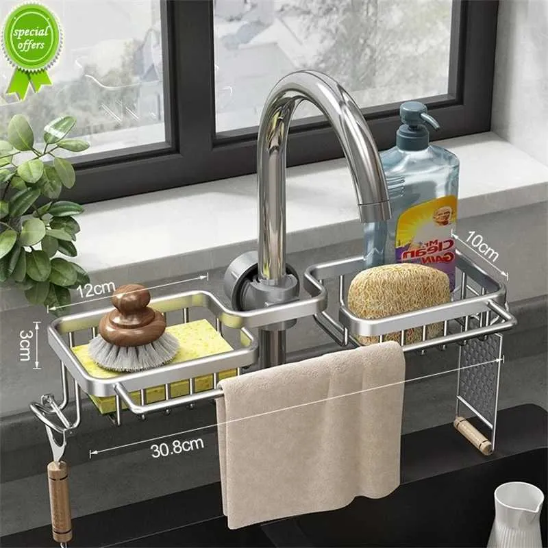 Nytt Space Aluminium Kitchen Sink Drain Rack Faucet Holder Sponge Storage Rack Badrums tvålavloppshyllor Kök Tillbehör