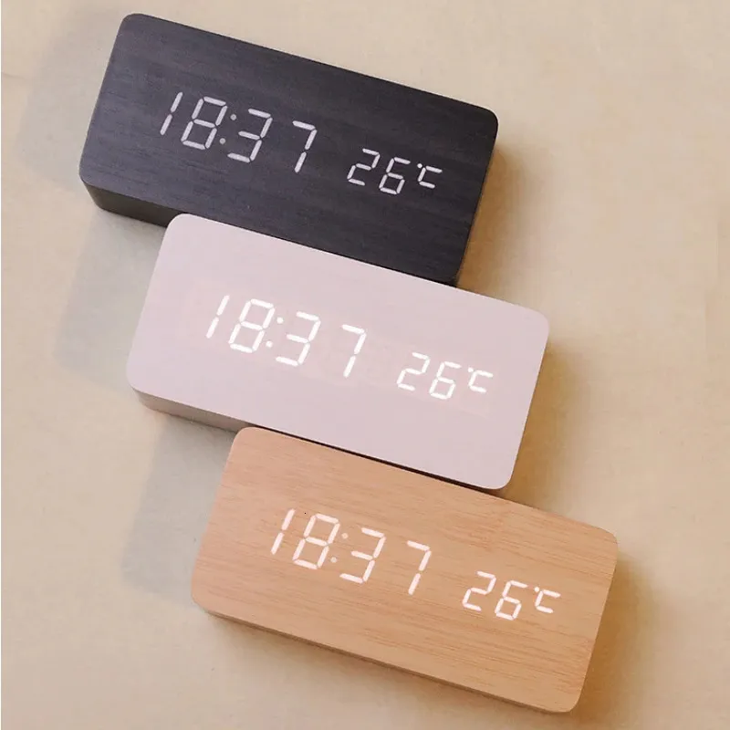 Desk Table Clocks Wooden Alarm Clock LED Luminous Mute Sound Control USB Electronic Room Bedside With Time Date Temperature 231124