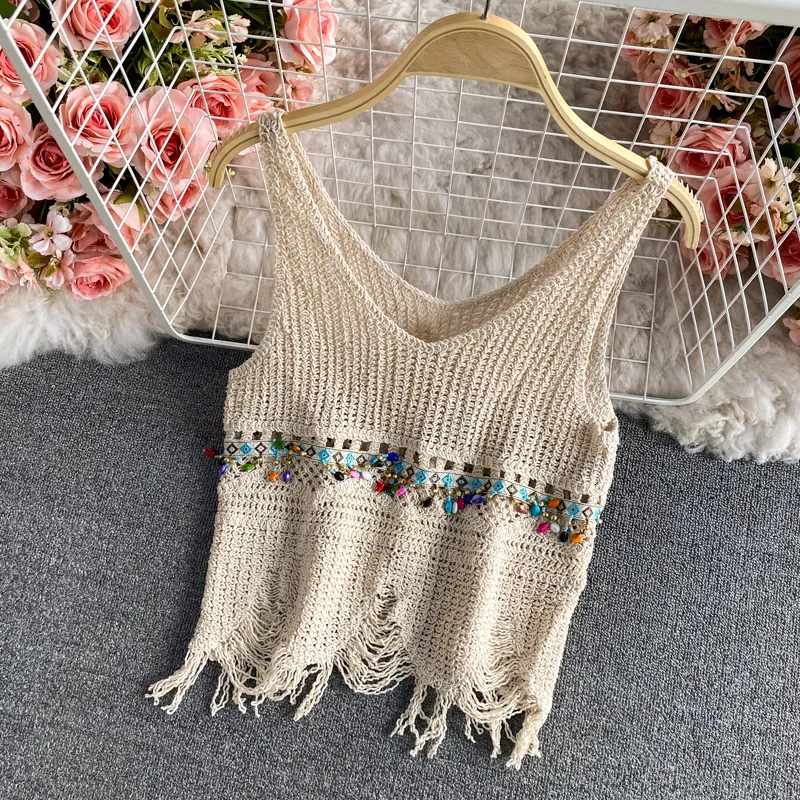Camisoles Tanks Hollow crochet flowers crop tops sexy V neck knitted camis for women off shoulder omighty slim fit camis fashion 230425