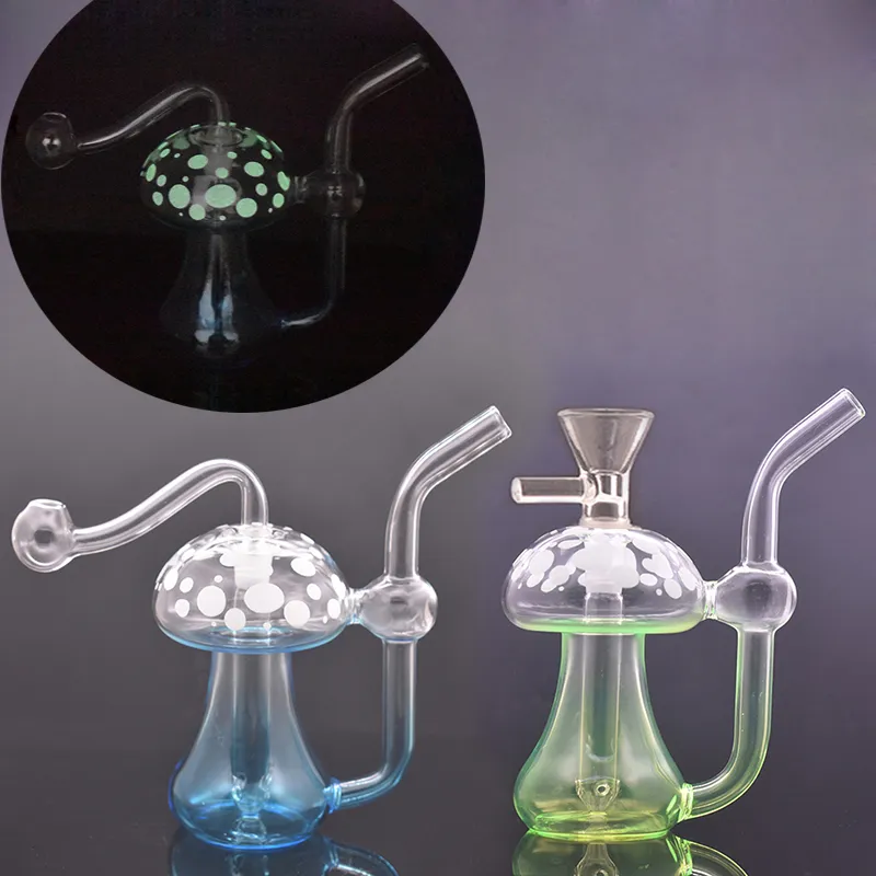 Cheapest Hand Oil Burner Bong 10mm Female Recycler Dab Rig Bong Mushroom Glow In The Dark Bubbler Smoking Water Pipe with Male Oil Burner Pipe Accept Custom Logo