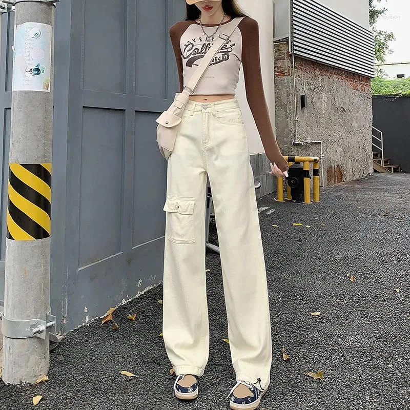 Kvinnor Jeans 2023 Spring Autumn Apricot Loose Wide Leg Jean Cargo Pants Women Casual kvinnliga denimbyxor