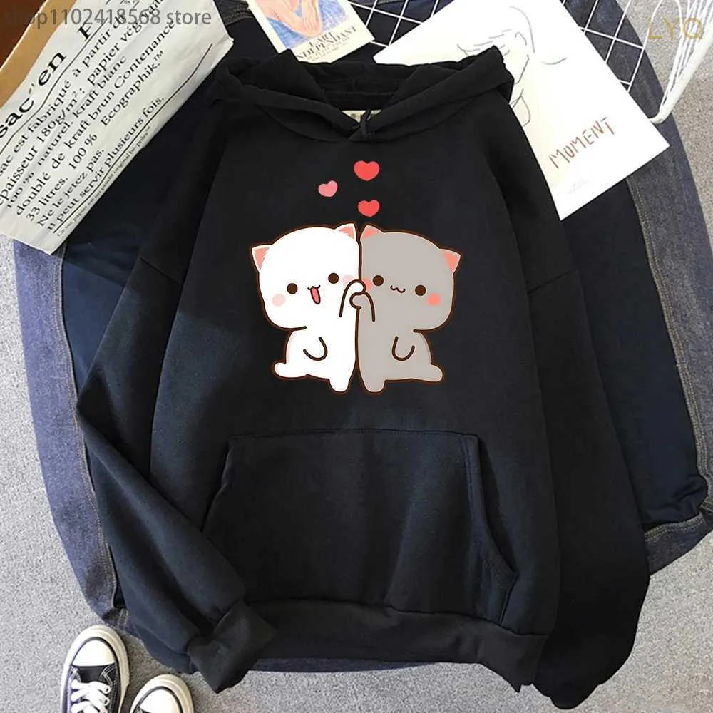 Damen-Kapuzenpullover, Sweatshirts, Mochi Peach And Goma, süße Katze, bedruckt, mit Kapuze, für Männer und Frauen, Übergröße, Sweatshirt, Teenager-Pullover, Unisex, Herbst, warme Streetwear