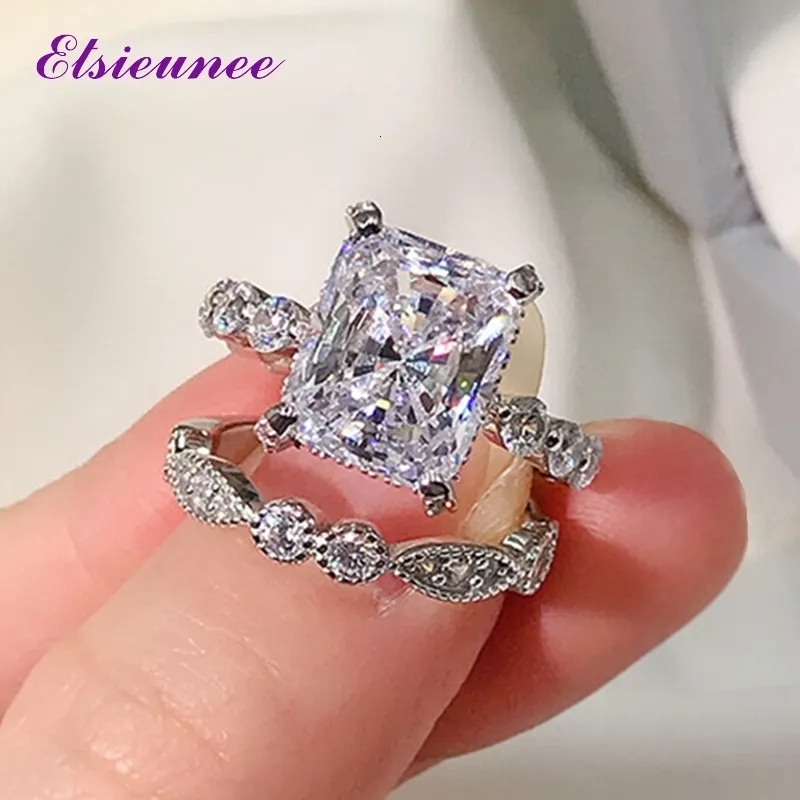 Solitaire Ring ELSIEUNEE Classic 100% 925 Sterling Silver Simulated Diamond Wedding Engagement Bridal Ring Sets Fine Jewelry Gifts 230425