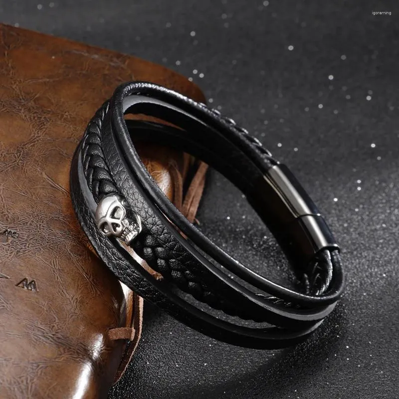 Charm Bracelets Multi-Layer Leather Men's Bracelet On Hand Punk Style Vintage Stainless Steel Jewelry Braided Rope Chain Wholesale