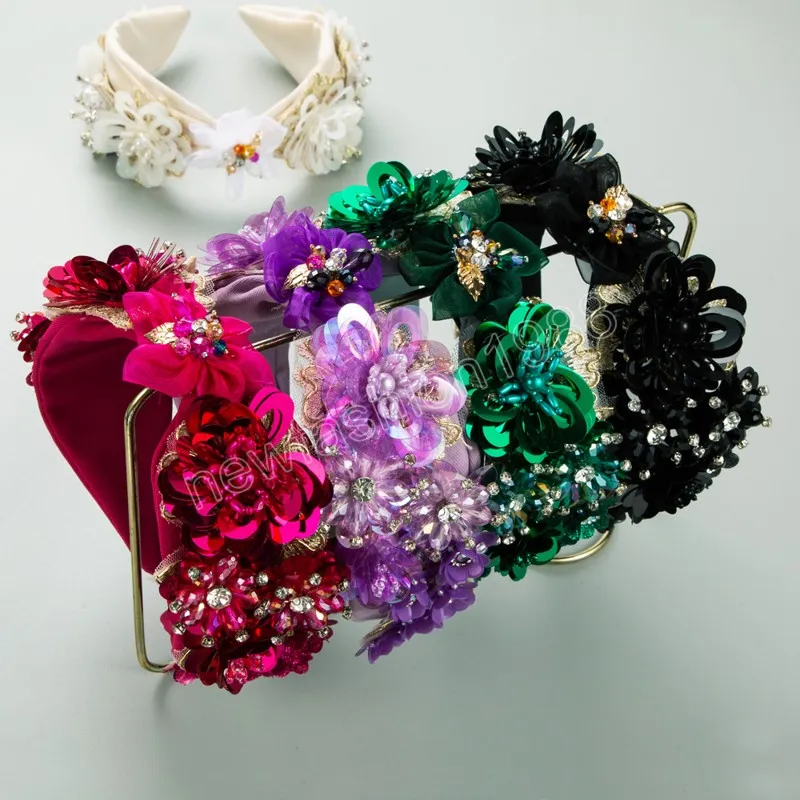 Bandeaux de luxe en maille à fleurs en cristal, accessoires de cheveux à la mode pour femmes, bandeau de fête tendance, cerceau, couvre-chef pour filles