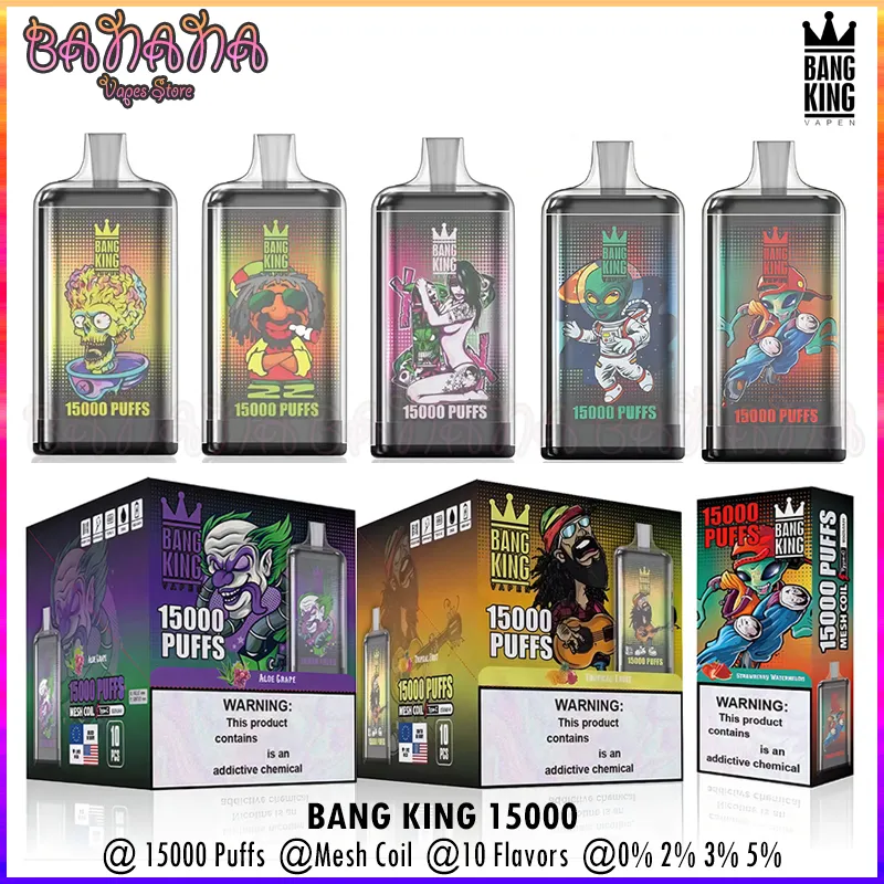 Puff 15K Outhentic Bang King 15000 Puffs Vapes Descartáveis Bar Mesh Coil Recarregável E Cigarros 0% 2% 3% 5% Sal Força Vapers 20 Sabores