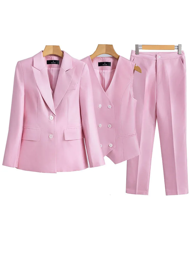 Women's Suits Blazers Women Formal Blazer Vest and Pant Suit Navy Pink Orange Office Ladies Long Sleeve 3 Pieces Set For Business Work Career Wear 230426