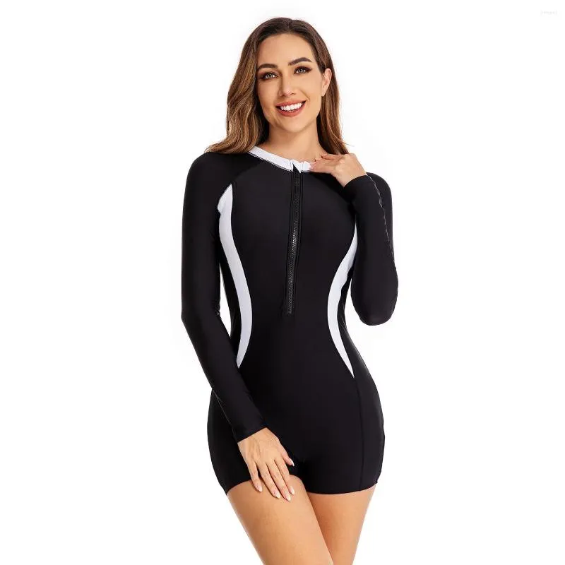 Menas de banho feminina Boyleg feminina One peça Rashguard Swimsuit Sun Protection UV Manga longa Zipper natação Surfing maiô