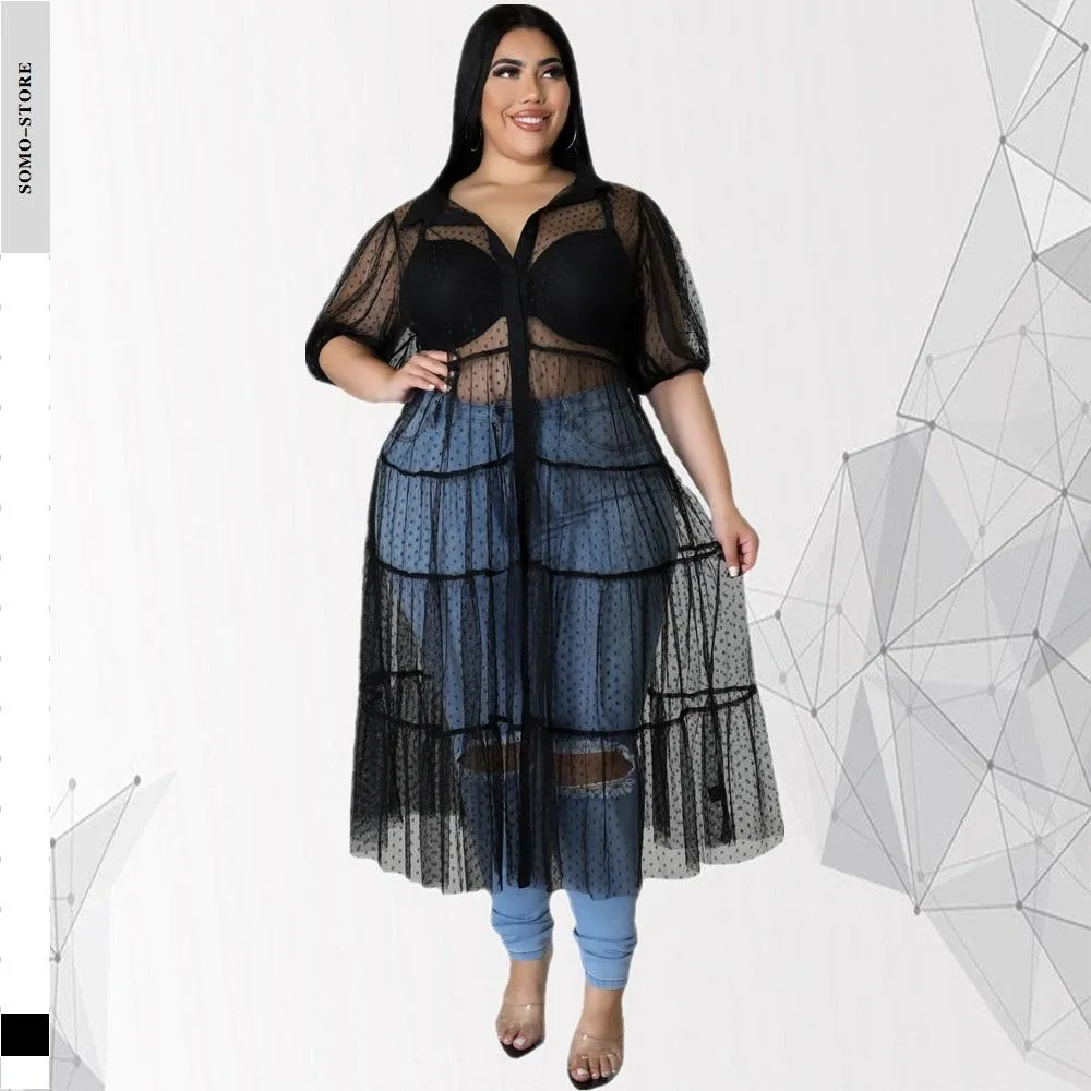 Jurken Casual Stippen Plus Size Jurken Voor Vrouwen 2022 Elegante Revers Mesh See Through Sexy Jurk Gedrapeerde Groothandel Dropshipping