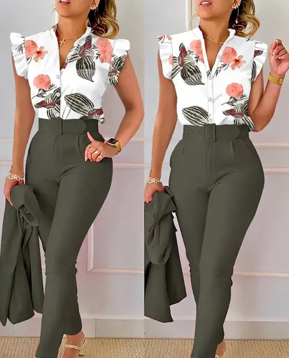 Kvinnors tvåbitar byxor Summer Fashion Print Two Piece Set Women Casual Office Ladies Button Flying Sleeve Shirt Pants Two Piece Set Women 230425