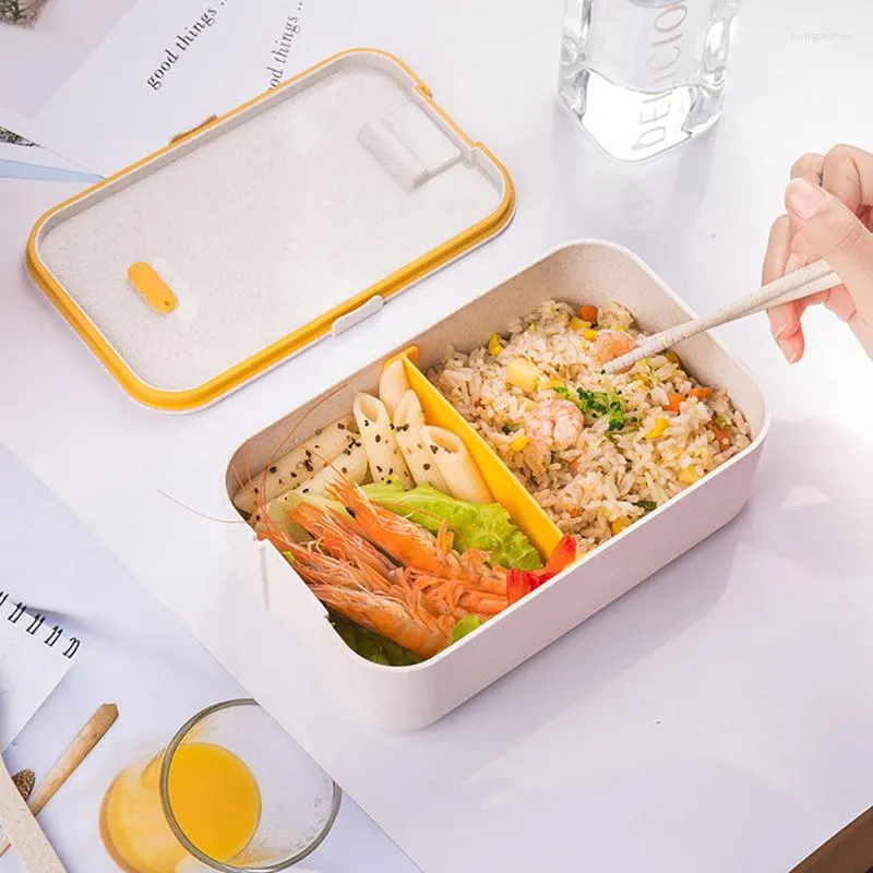 Dinnerware Sets Lunch Box With Cutlery Wheat Straw Cartoon Double-deck Portable Bento Storage Container For Kids Students Outdoors