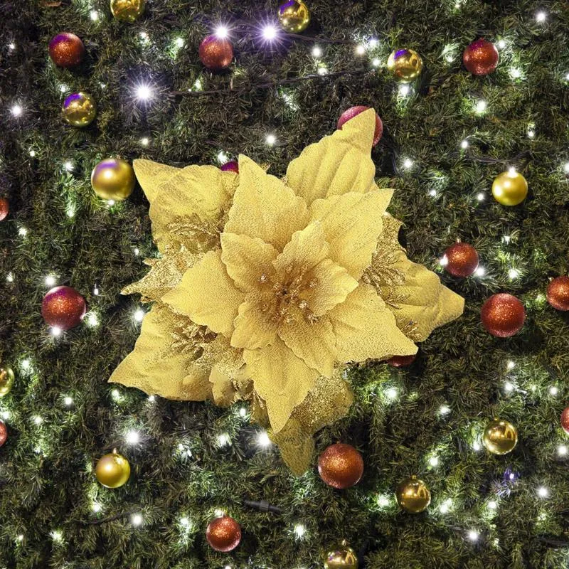 Декоративные цветы, блестящие рождественские цветы, искусственные веселые украшения для дома, 2023, елочные украшения, подарки на год