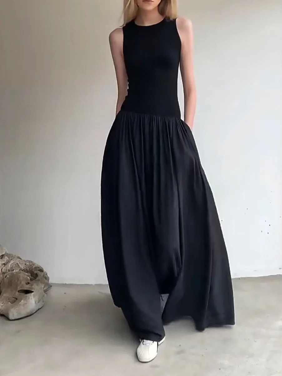 Casual Dresses Sporty Black Long Tank Dress Woman Spring Summer O Neck Floorlength Office Lady Casual Pockets Dresses for Women 230425