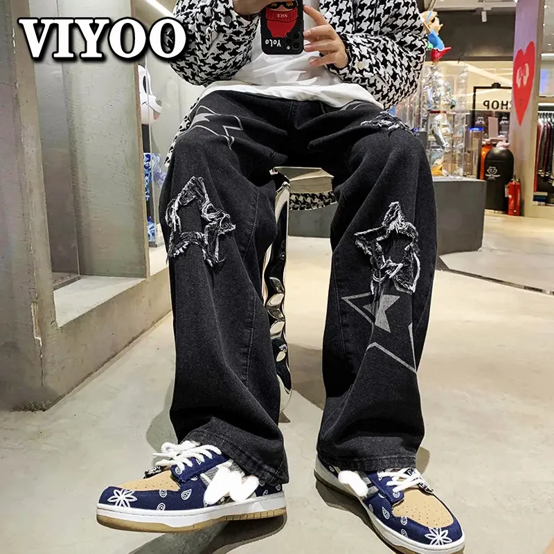 Jeans masculinos Vintage Momen Feminino Pontas de jeans coreano y2k cltohes streetwear impresso retchwork masculino jeans calças retas para homens 230425