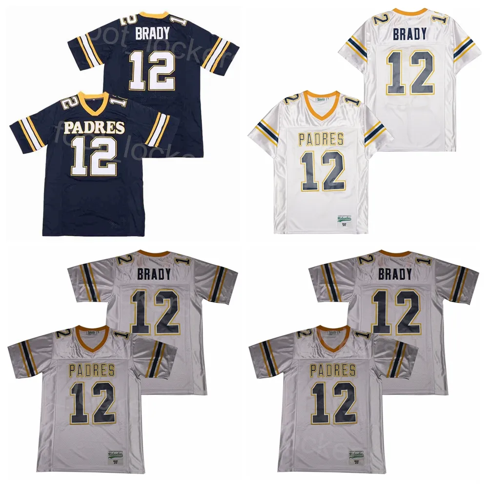 Tom Brady High School Jersey 12 Football Junipero Serra Padres Movie Film Stitched and Embroidery College Moive Hiphop Pullover Navy Blue White Gray Team Man
