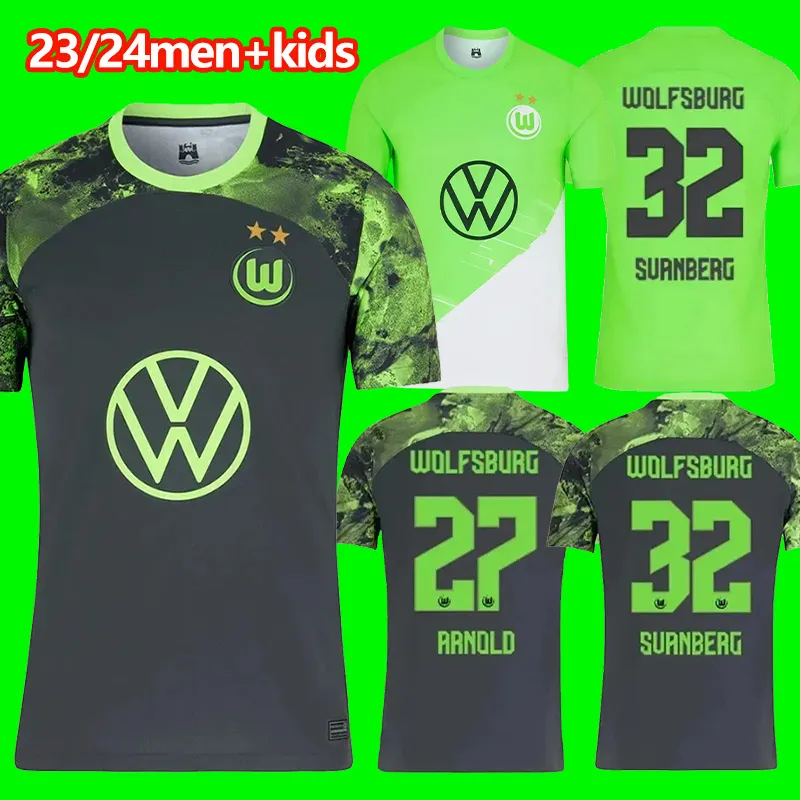 23 24 VFL Wolfsburg 축구 유니폼 2023 2024 Ginczek Steffen 남자 아이 키트 홈 어웨이 MBABU BROOKS ARNOLD WEGHORST 유니폼 축구 셔츠 타이 홈 어웨이 S-2XL