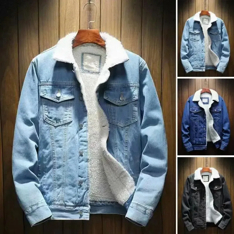 Men's Down Parkas Men Jean Jacket Thicken Lamb Cashmere Lining Solid Color Coldproof Outerwear Winter Single Breasted Denim Coat Streetwear 231124