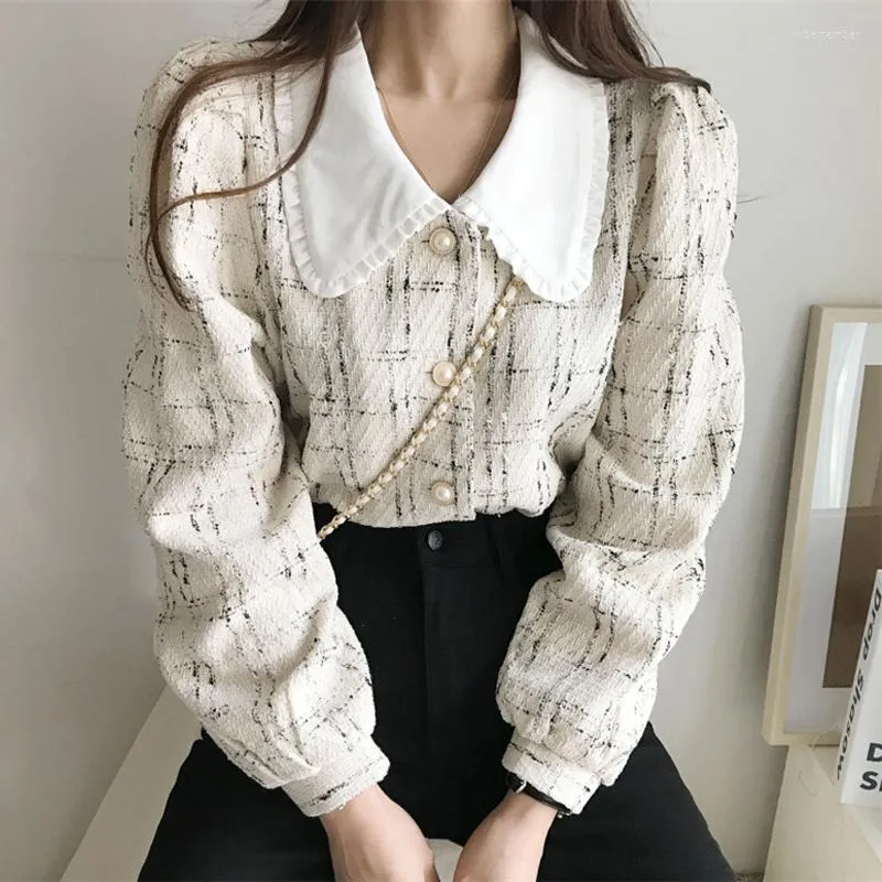 Vestes pour femmes Boutons de perles Plaid Tweed Manteaux Coréen Vintage Manches bouffantes Courtes Femmes Cardigans Chic Collier de poupée Jacktes Élégant Printemps