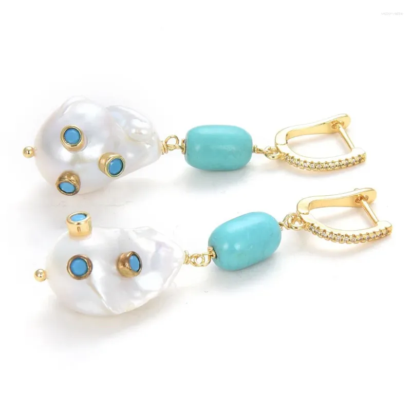 Boucles d'oreilles pendantes pour femmes, culture d'eau douce naturelle, perle Keshi blanche, turquoise bleue, crochet pavé CZ