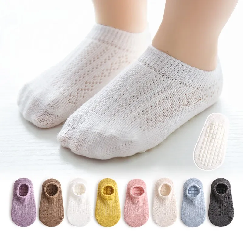 Novedad de verano, calcetines para bebés, calcetines de algodón suave de Color sólido antideslizantes con suela de goma para recién nacidos, calcetines para niños y niñas, calcetines finos de malla para el suelo