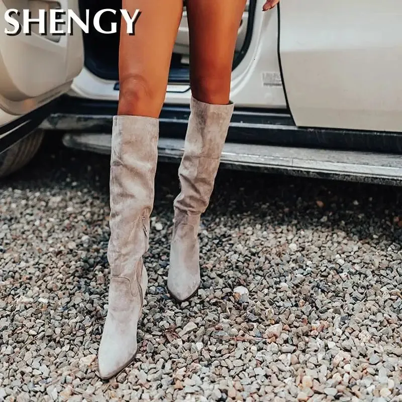 Boots Winter Women Shoes Sexy High Pointed Toe Solid Color Slip-On Flock Warm Over The Knee Boots Ladies Mature Party Elegant Boots 231124