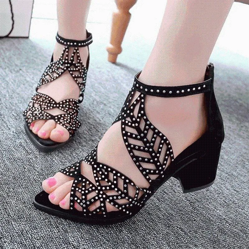 Sandalen Damenmode Elegante Partyschuhe Reißverschluss Mid Square Cover Heel Plateau Sommer Pailletten