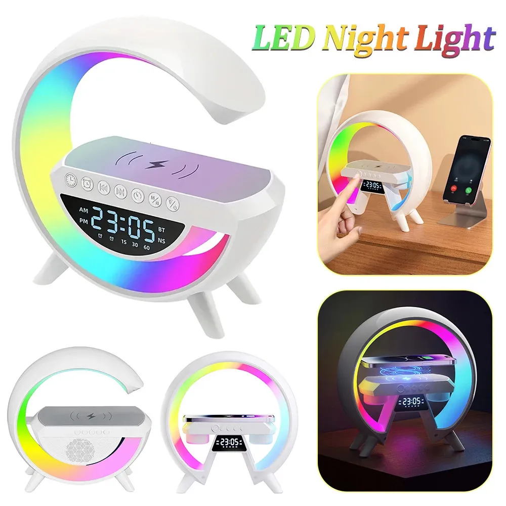 طاولة المكتب ساعات ذكية الضوء RGB Atmosphere مصباح LED الشاحن اللاسلكي Bluetooth Ser إنذار Clock Clock Decoration Lamps Night 231124