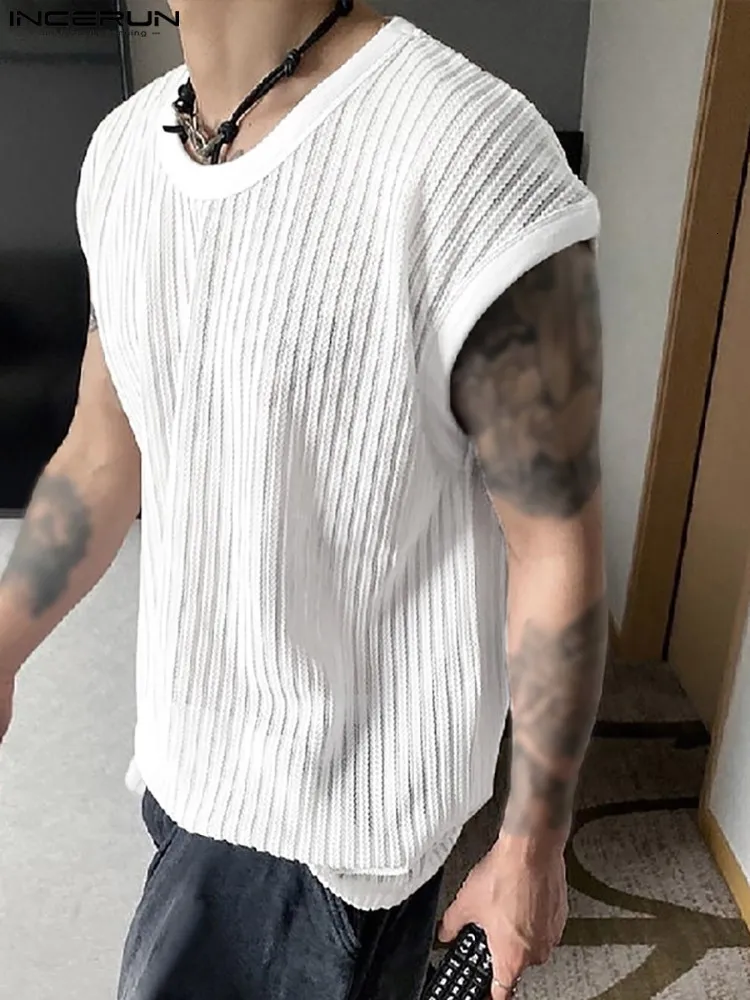 Camisetas sin mangas para hombres INCERUN Tops Estilo coreano Hombres Allmatch Chaleco simple a rayas Moda Seethrough Hollow Sin mangas Tank Tops S5XL 230425