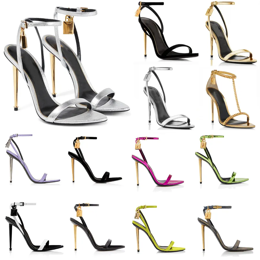 Top qualité chaussures habillées tom talons chaussure marque élégante femmes chaussures cadenas pointu sandales nues matériel serrure et clé femme métal stiletto mariage avec boîte