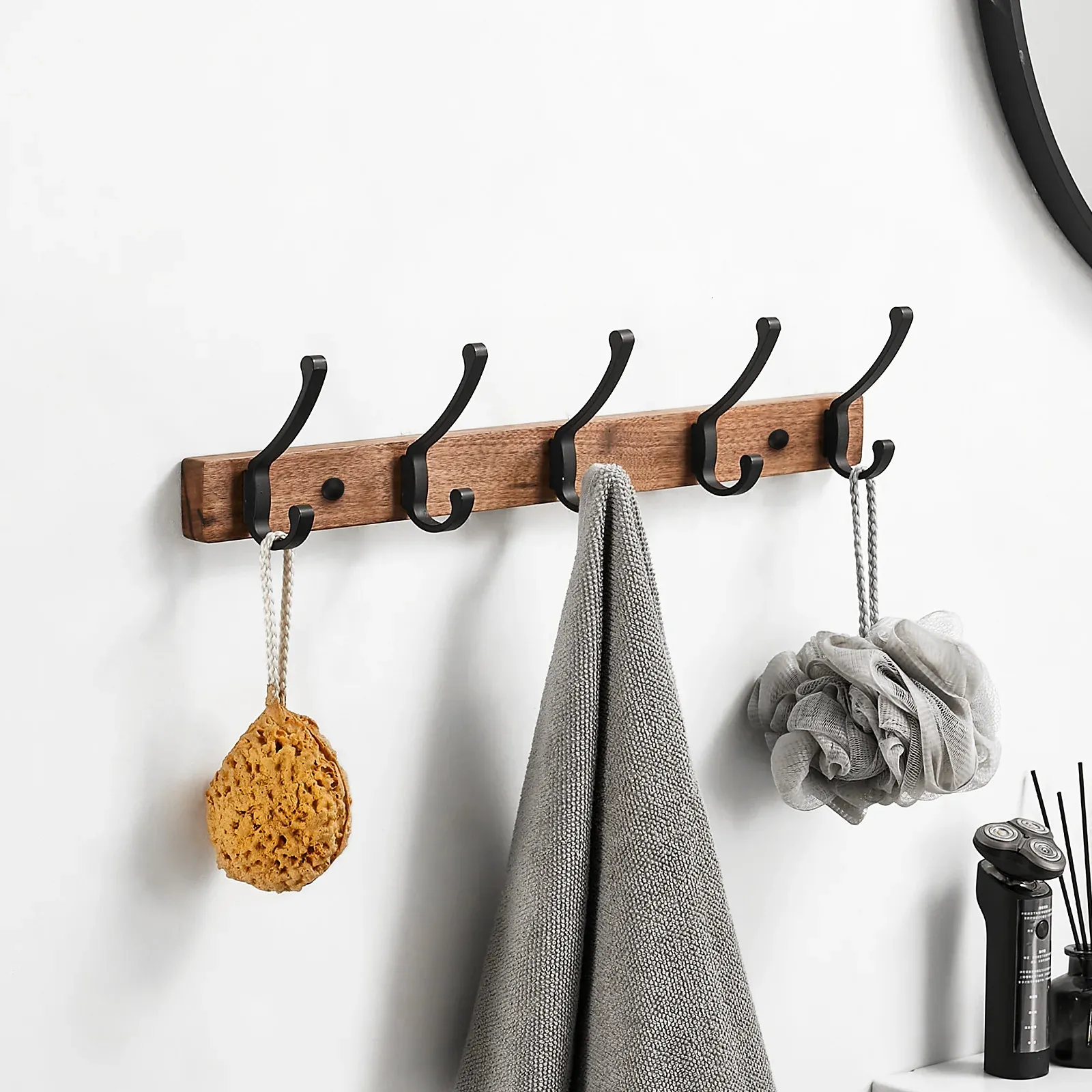 Towel Racks SARIHOSY Black Wood Wall Hook Wall Hanging Coat Rack for Bathroom Kitchen Bedroom Hallway Wall Hooks Coat Clothes Holder 231124