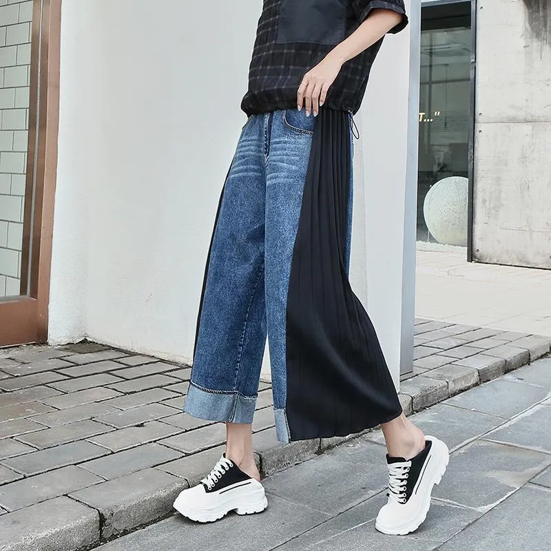 Capris 220528 Korean Style New 2022 Women Fashion Denim Patchwork Pleated Straight Chiffon Wide Leg Pants Women Loose High Street