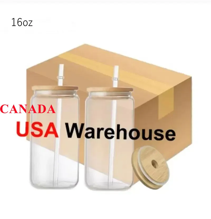 USA/kanada magazyn 16oz DIY sublimacja szklane kufle do piwa puste butelki na wodę puszka piwa mrożona kawa kubki do picia słoiki na przetwory z bambusowymi pokrywkami i słomką wielokrotnego użytku