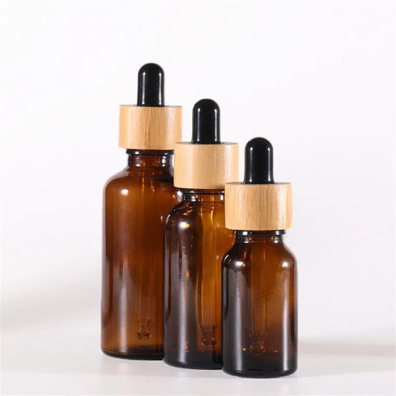 Amber White Glass Droper Bottle Prov Vial med Bambu Cap för eteriska oljor Parfym Kosmetiska vätskor UCFBK