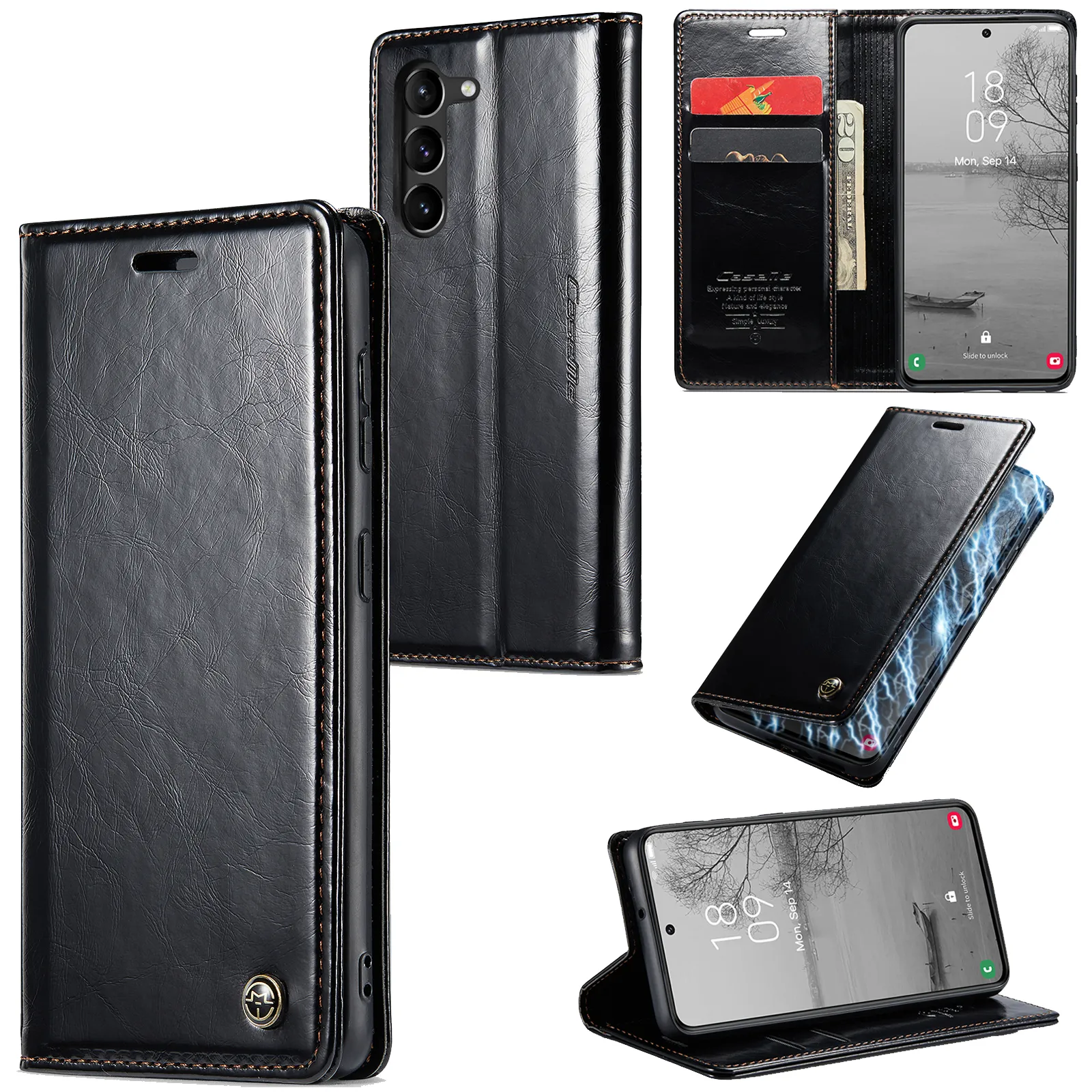 Caseme Retro Leather Flip Stand Wallet Falls för Samsung Galaxy S23 Plus S22 S21 S20 S10 SUCKSKASKA KREDITKORT SLOTS HOLDER Telefonöverdrag