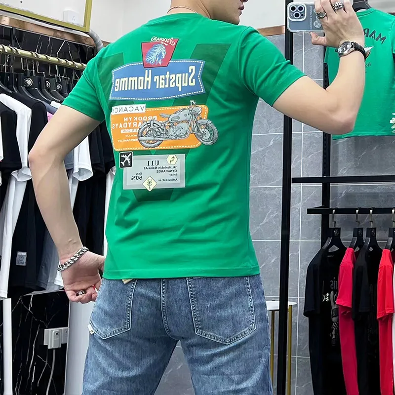 T-shirt Men's Short sleeved Summer Slim Locomotive Printing Round Neck Male Tees Silk Cotton Top Streetwear Homme Tops Causal Clothing