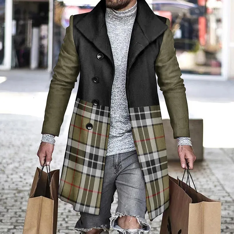 Men s Wool Blend Houndstooth Coat Casual Turn down Collar Button Jacket Autumn Winter Pocket Long Windbreaker
