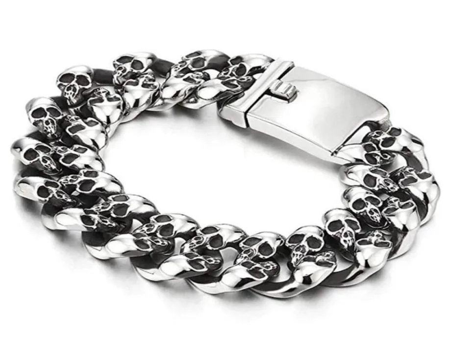 Punk Rock Mens skalle armband armband hiphop rostfritt stål 15mm 19mm tung spökcyklist Curb Cuban Chain Armband Men smycken2844555998