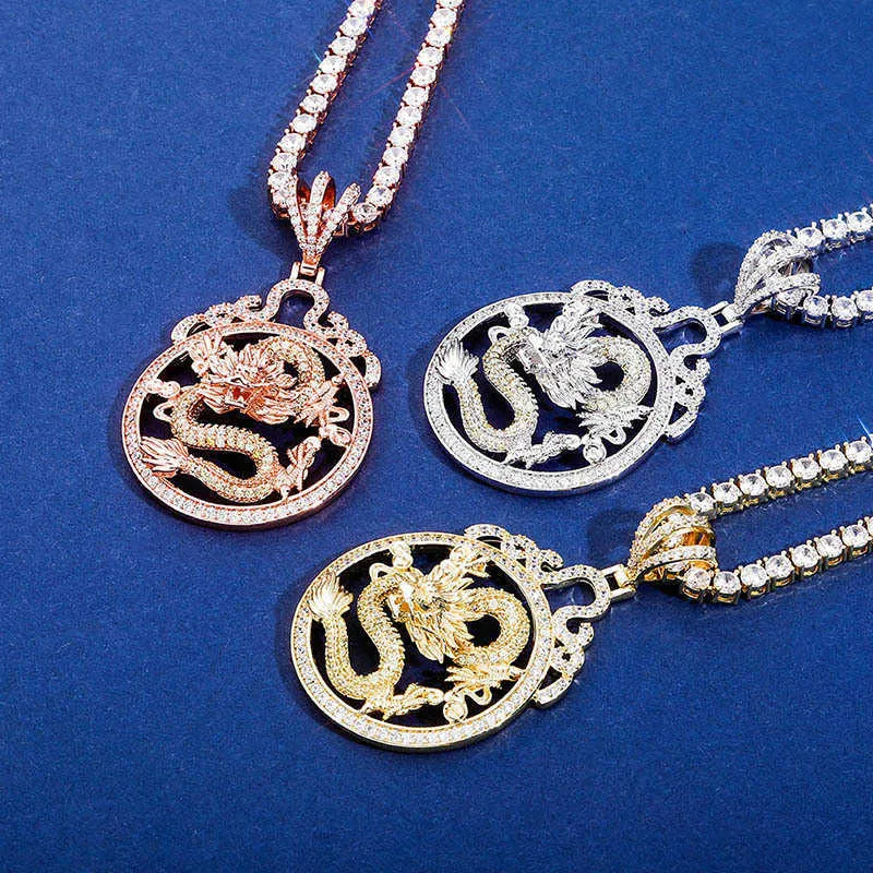 Collana con pendente a forma di drago in stile cinese di moda con collana con zirconi cubici ghiacciati per uomini e donne pendenti placcati in oro 14 carati catene CZ lucide gioielli in cristallo