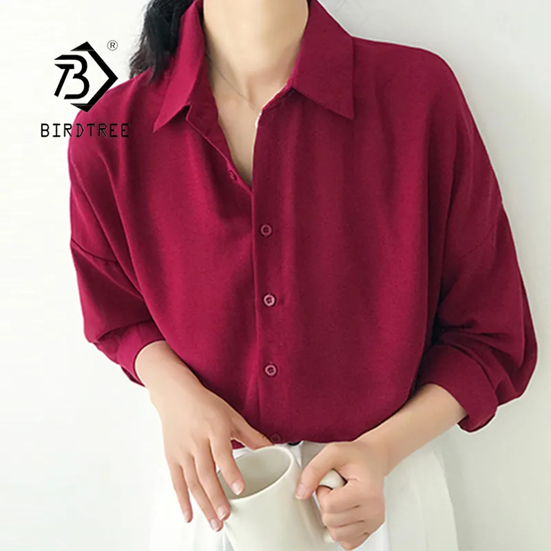 Kvinnors blusar skjortor Ankomst Kvinnor Solid Turndown Collar Chiffon Blus Overlaze Button Up Wine Red Shirt Korea Style Feminina BUSA T9O905F 230425