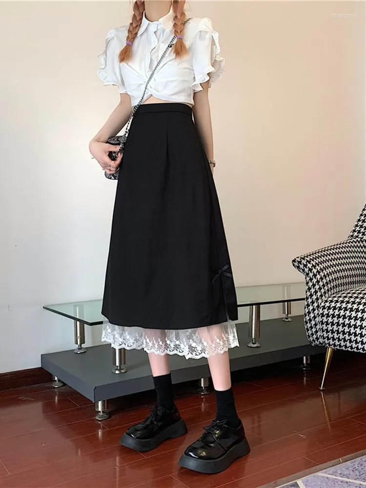 Kjolar elegant casual kjol kvinnor hög midja svart japansk harajuku y2k spets designer koreanska modekläder sommar