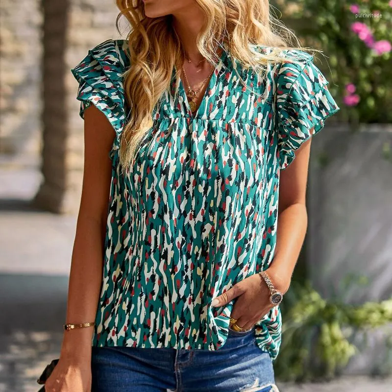 Blouses voor dames zomer korte mouw kleren dames shirt stapel v-neck casual losse tops mode print blouse 2023 blusas 25457