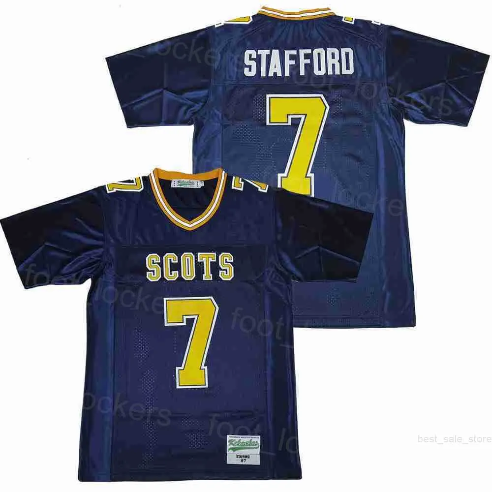 Football High School Jerseys 7 Matthew Stafford Highland Park Uniform Atmungsaktives College Alle genähten Retro-Team-Marineblau-Moive-Pullover aus reiner Baumwolle Universität